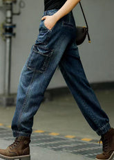 Style Blue Original Design Taschen Patchwork Baumwoll-Denim-Beam-Hose